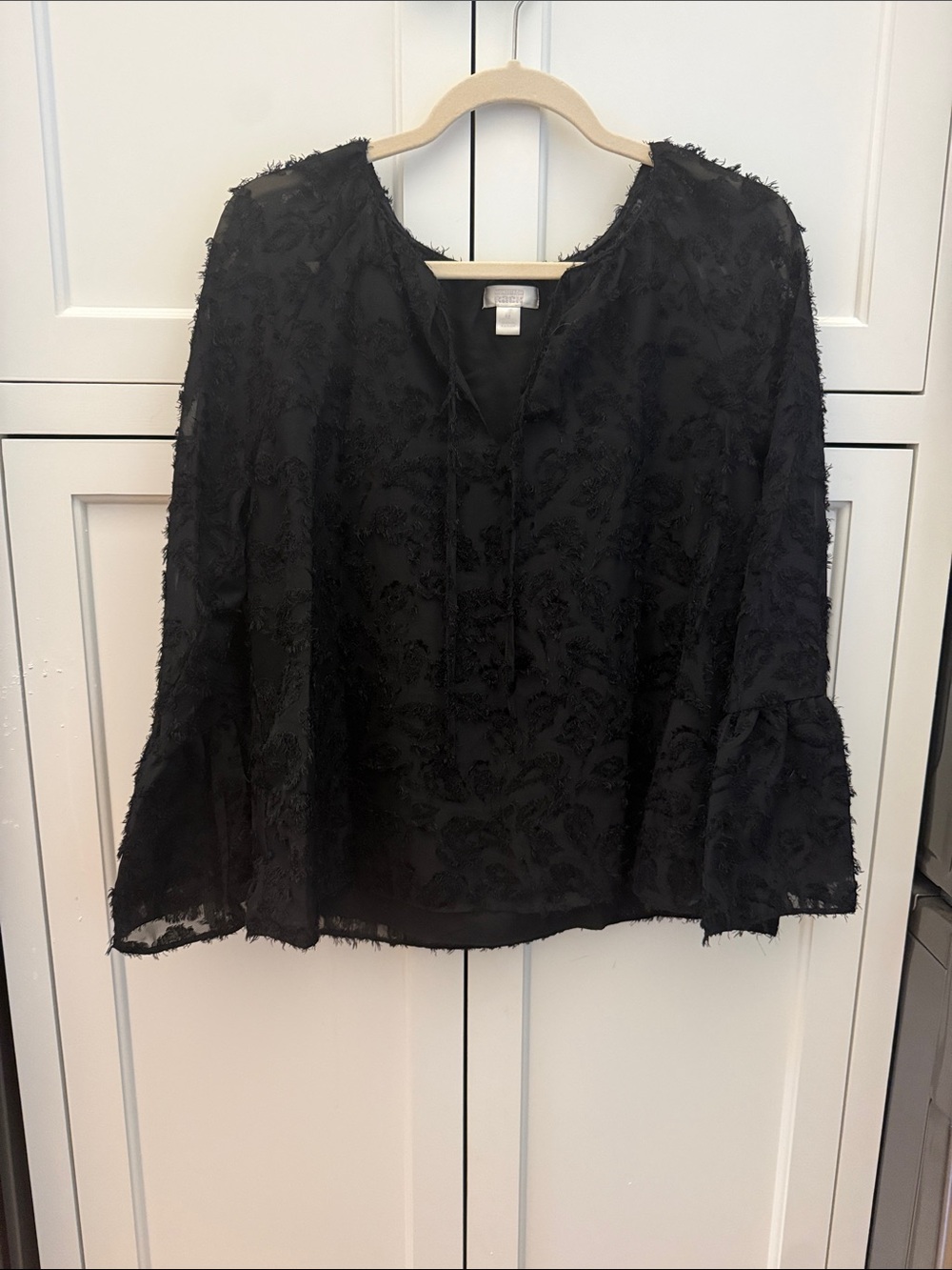 Textured Black Floral Split-Neck Blouse with Tie